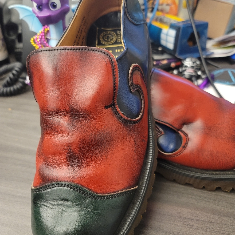 Fluevog Made in England and still looking Fine.  in Red Blue and green leather